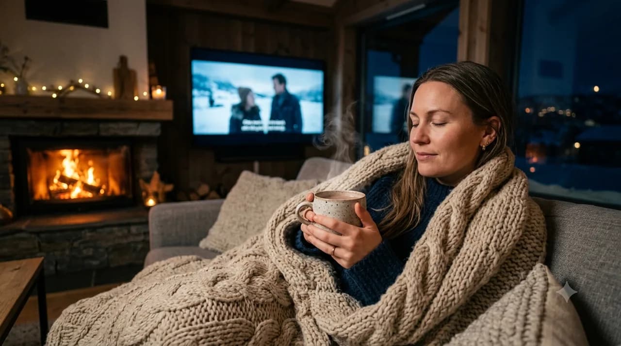 Person koser seg med filmkveld foran peisen med svenske kanaler via IPTV Nordic i Norge