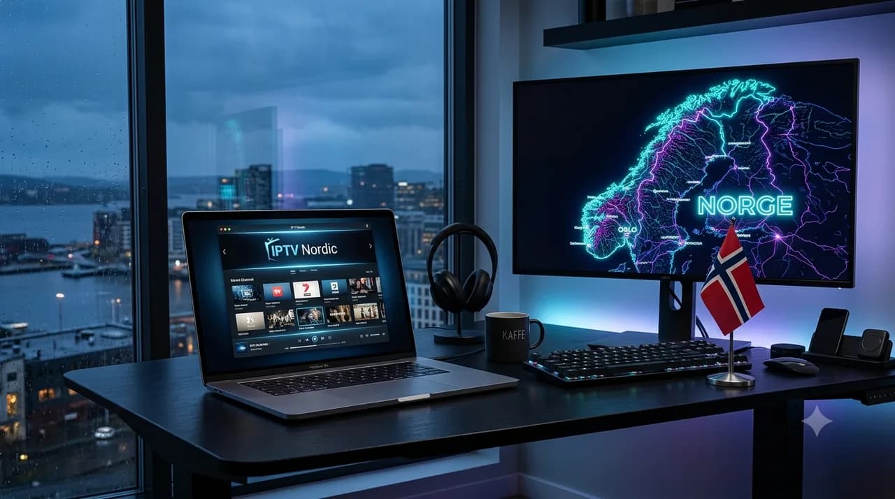 Skrivebord med laptop som viser IPTV Nordic og en skjerm med Norge-kart – IPTV Norge