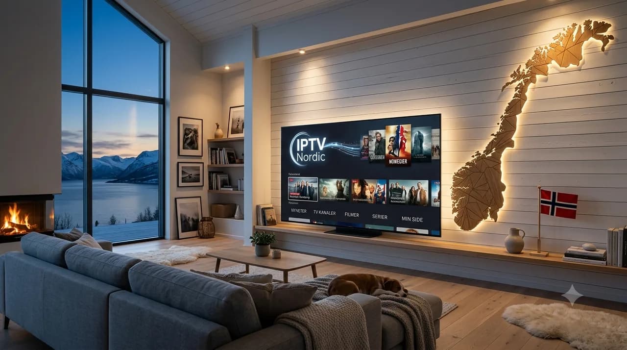 Moderne norsk stue med stor TV som viser IPTV Nordic-appen med norske kanaler