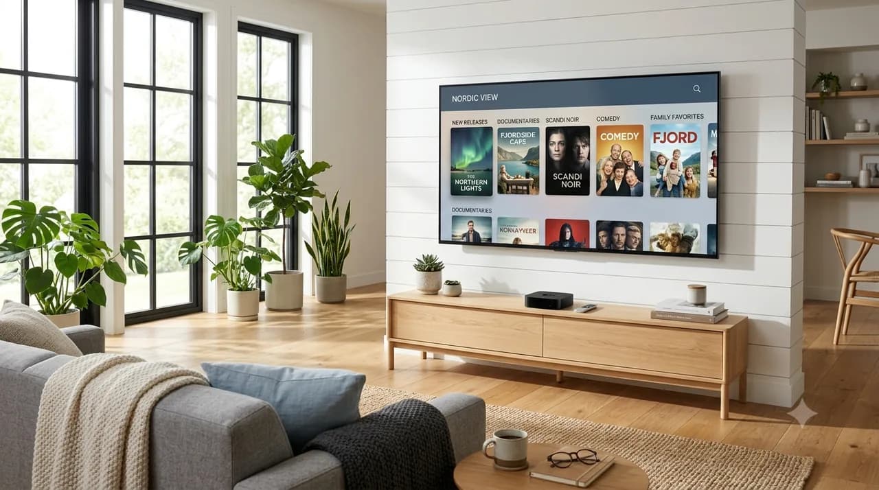 Lys, moderne stue med vegghengt TV som viser skandinavisk IPTV-innhold